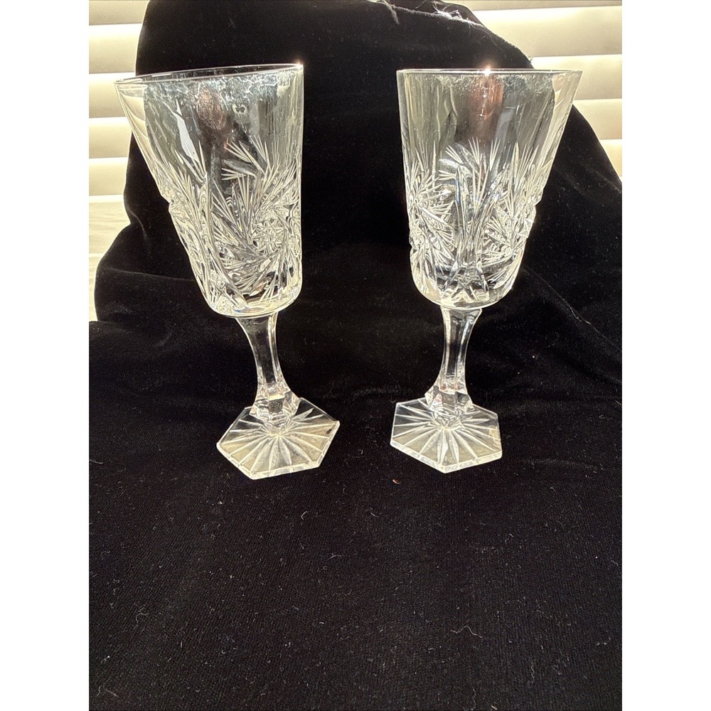 2 VTG. Crystal American Brilliant Pinwheel Cut Sherry/Port Glasses 6 Side Bottom